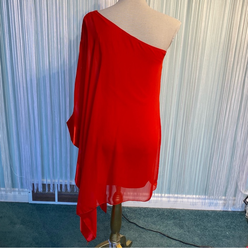 Red One Shoulder Sheer Drape Top - Picture 7 of 17